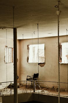 Spooky abandoned room with broken windows and scattered debris.