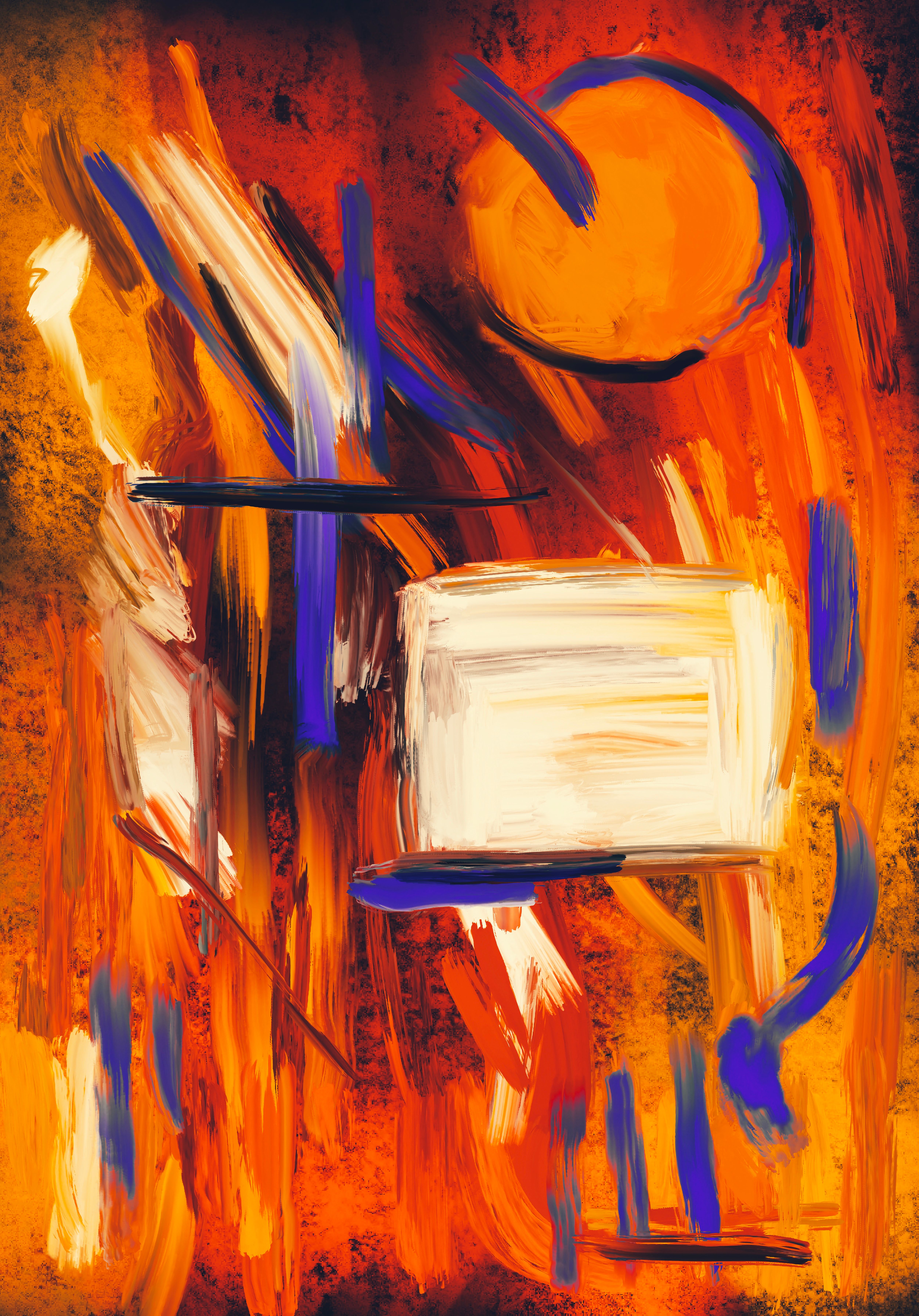 Dynamic abstract art with bold strokes of orange, blue, and white, conveying movement and emotion.