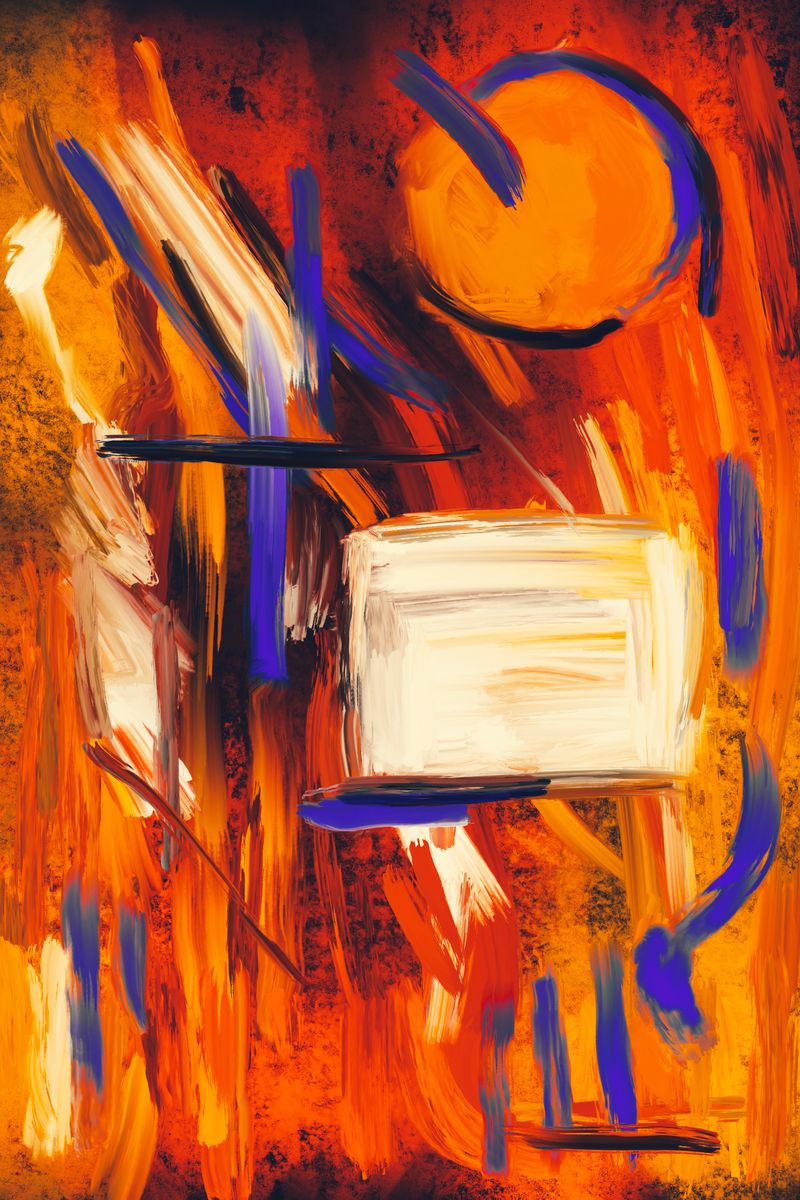 Dynamic abstract art with bold strokes of orange, blue, and white, conveying movement and emotion.
