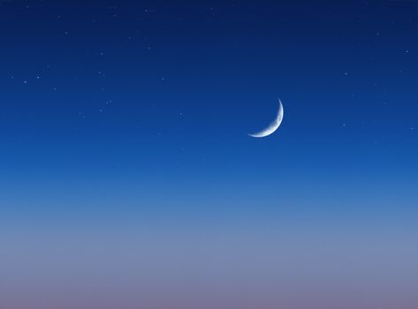 A serene view of a crescent moon against a deep blue sky speckled with stars.