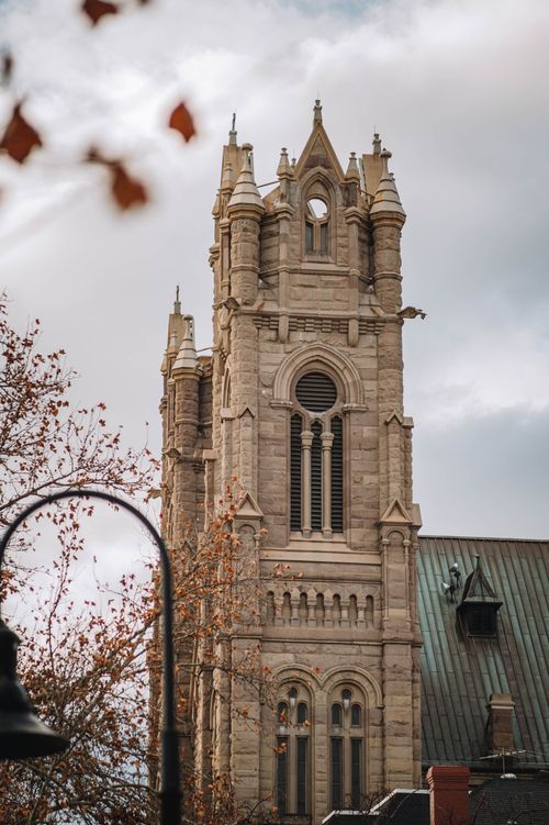 Free A stunning view of a Gothic church tower with autumn trees and an overcast sky. Stock Photo
