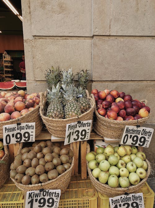 Baskets of Fruits Near Brown Concrete Wall