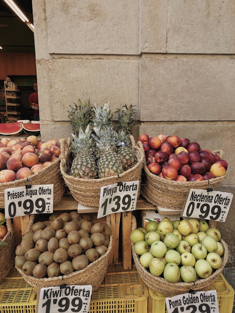 Baskets Of Fruits Near Brown Concrete Wall