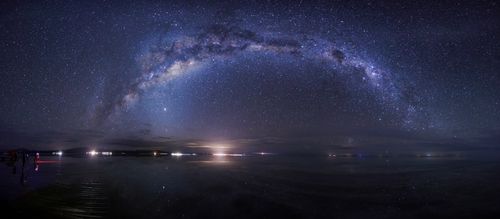 Free Beautiful panoramic view of the Milky Way arching over Uyuni Salt Flats at night. Stock Photo