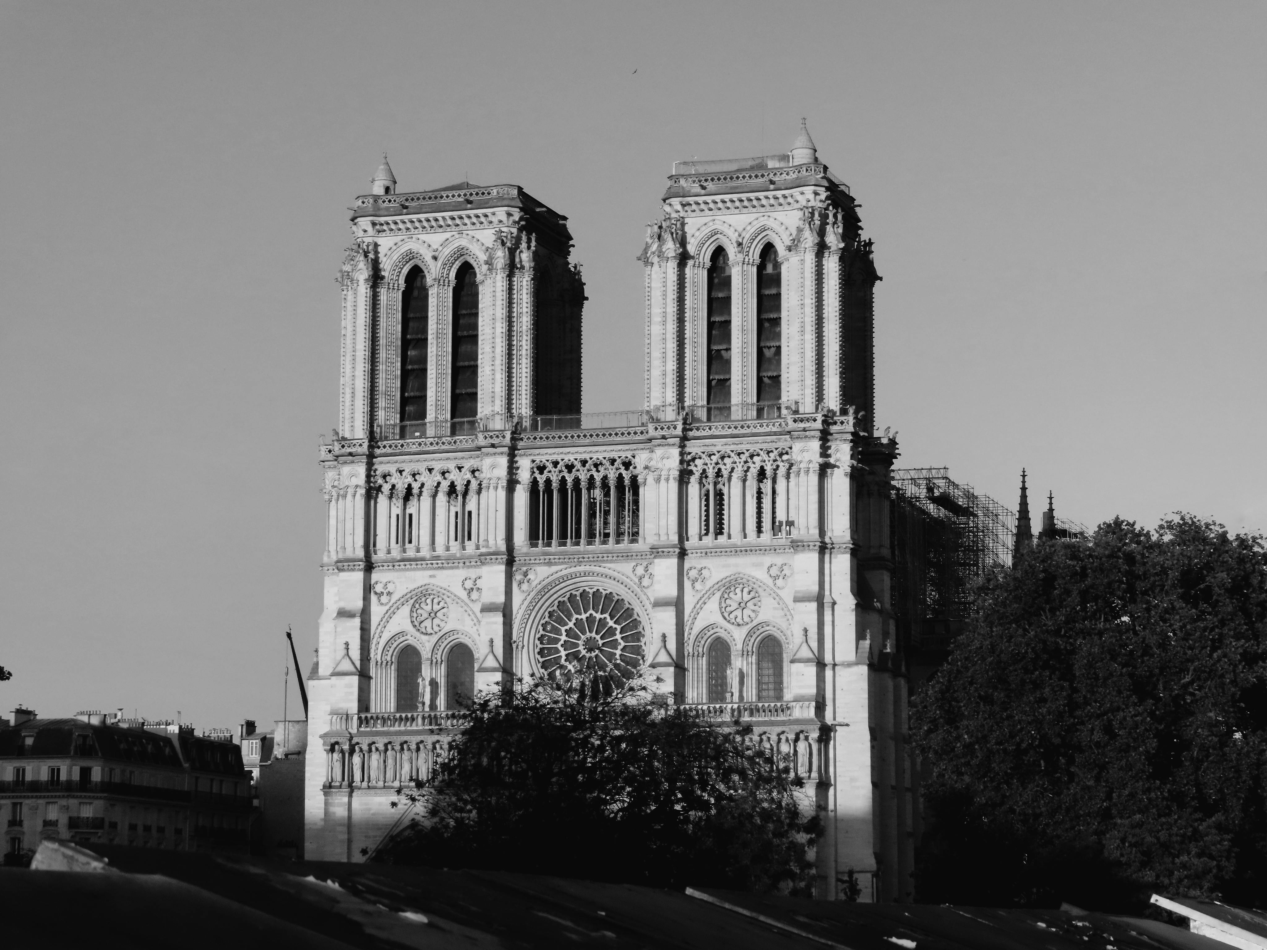 notre dame de paris in grayscale photography