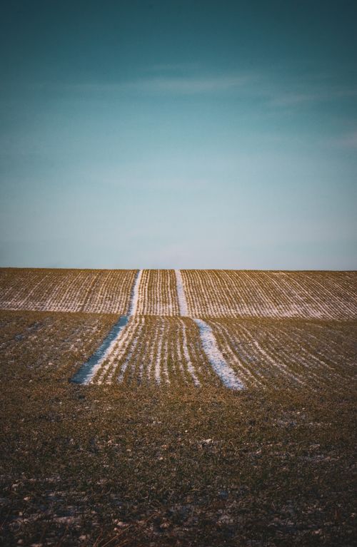 Free Aerial view of a frosty cropland under a blue sky during winter, showcasing nature's tranquility. Stock Photo