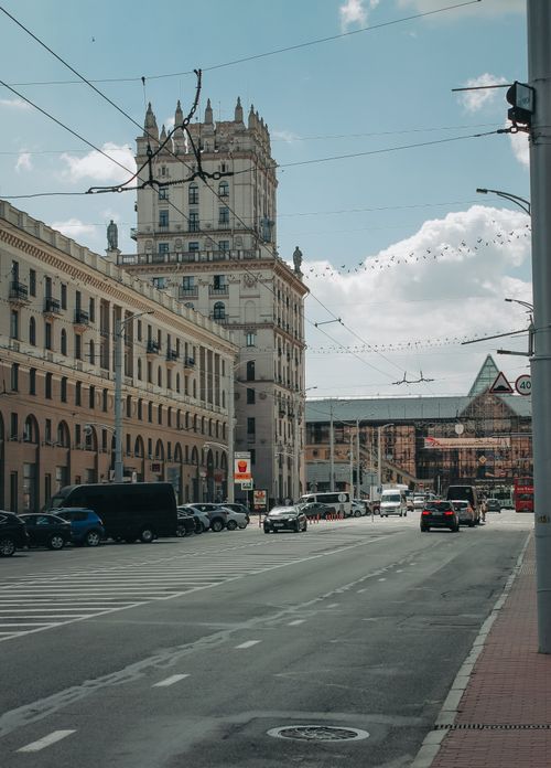 Free Explore Stalinist architecture on a bustling street in Minsk, Belarus. Stock Photo