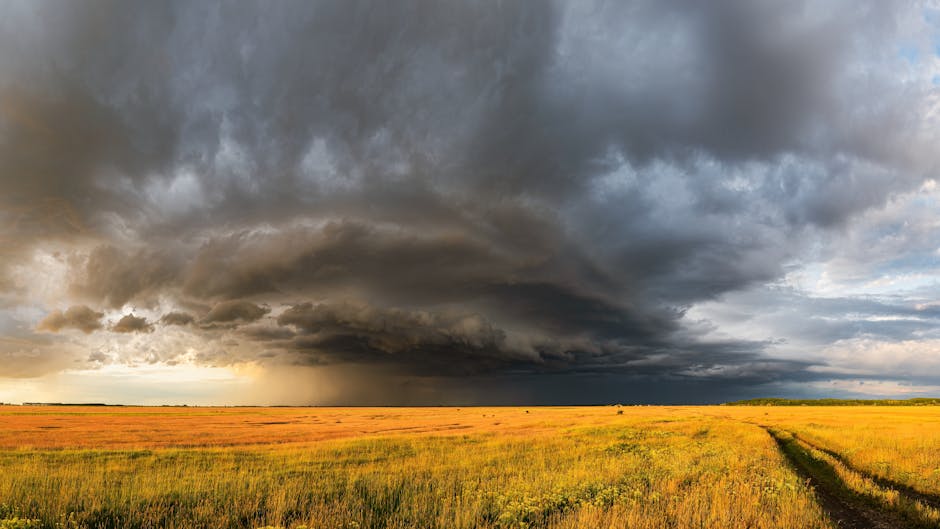 Câmp vast sub nori de furtună impunători, demonstrând fenomene meteorologice dramatice