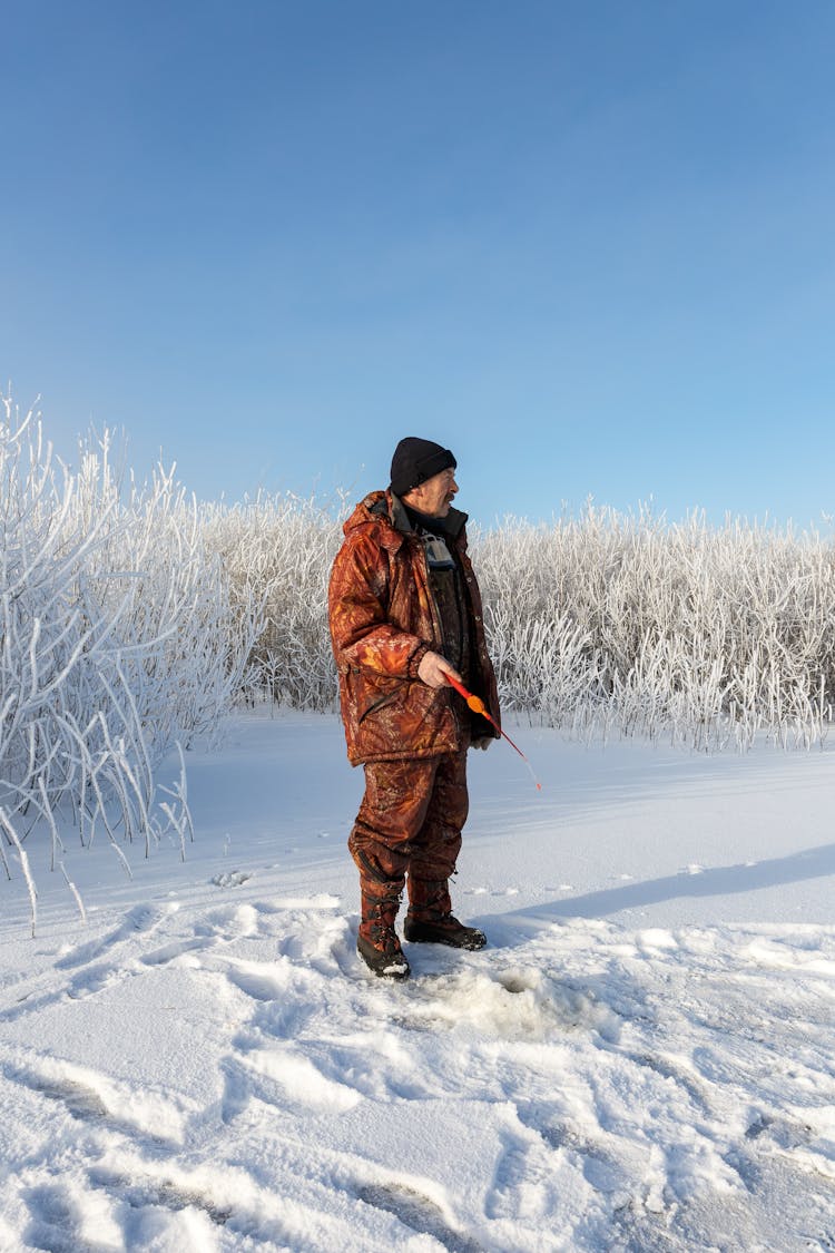 Man In Brown Coat Standing In Snow Covered Field