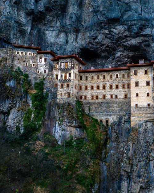 Free Historic Sumela Monastery nestled in the cliffs of Altındere, Trabzon, Türkiye. Stock Photo