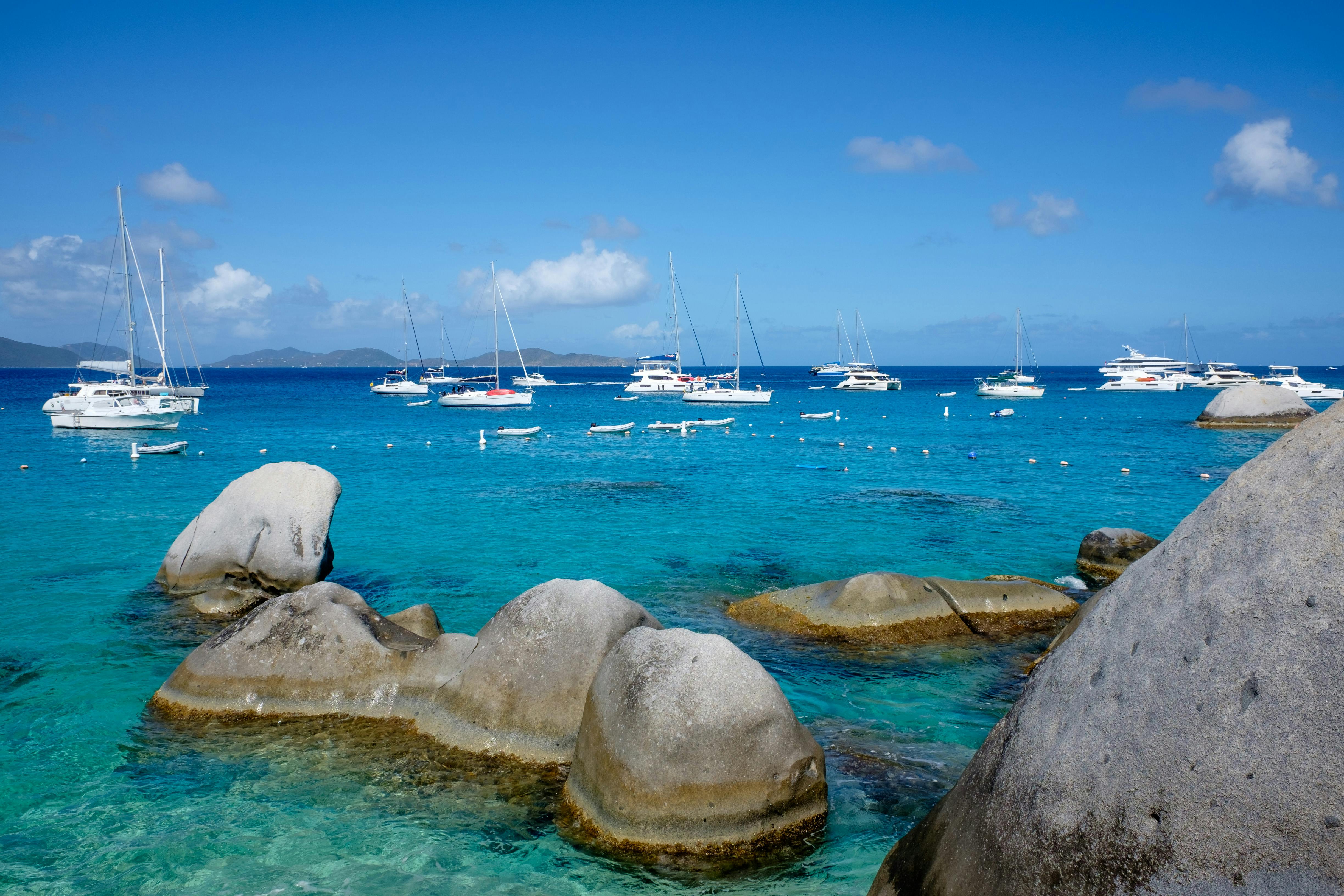 Beautiful Caribbean bay with sailboats and turquoise waters at Devil