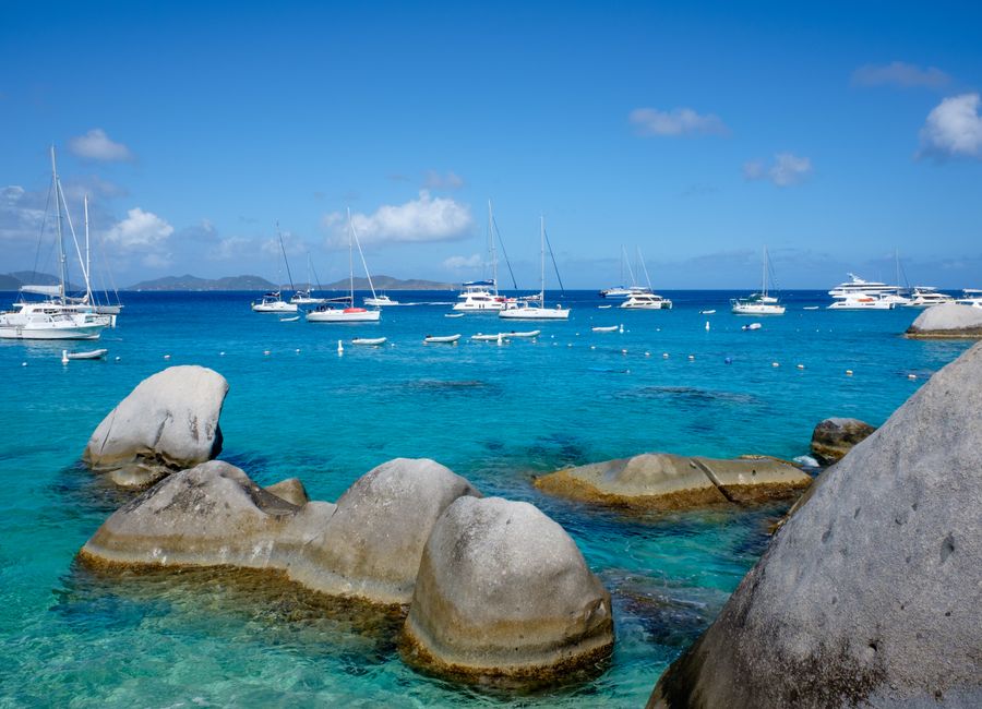 Beautiful Caribbean bay with sailboats and turquoise waters at Devil's Bay, Virgin Islands.