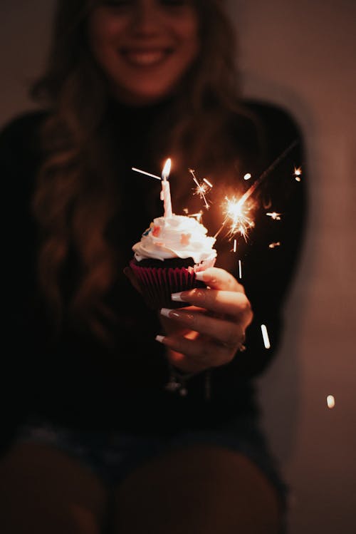 Cupcake with Candle in Hand of Happy Woman