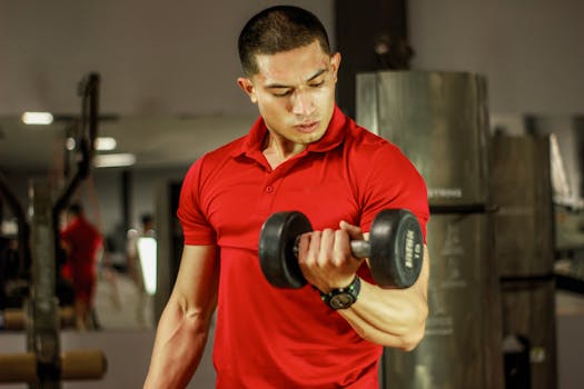A fit man in a red polo shirt lifting a dumbbell at the gym, showcasing strength.