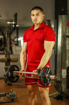 Asian man in a gym lifting barbells, focusing on strength and fitness.