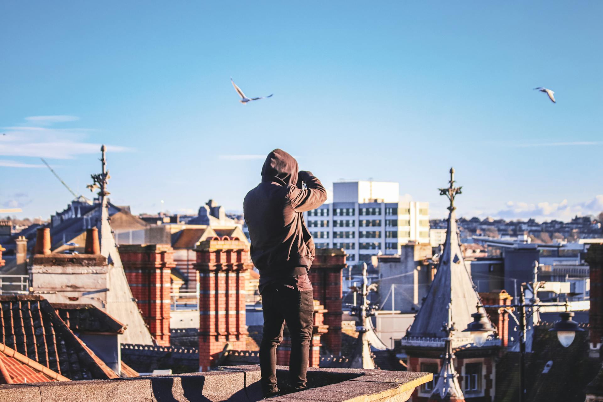 A man stands on a rooftop, observing the Bristol cityscape with birds flying around, under a clear sky.