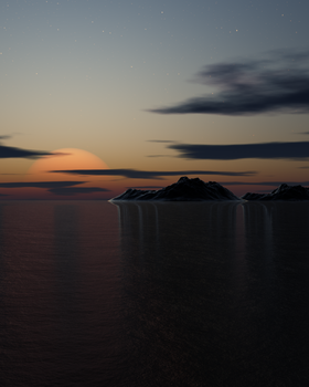 Calm ocean view at twilight with distant islands and soft horizon hues.