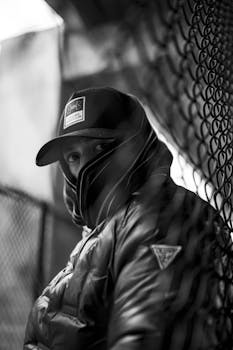 A mysterious portrait of a person in outerwear behind a chain-link fence in black and white.