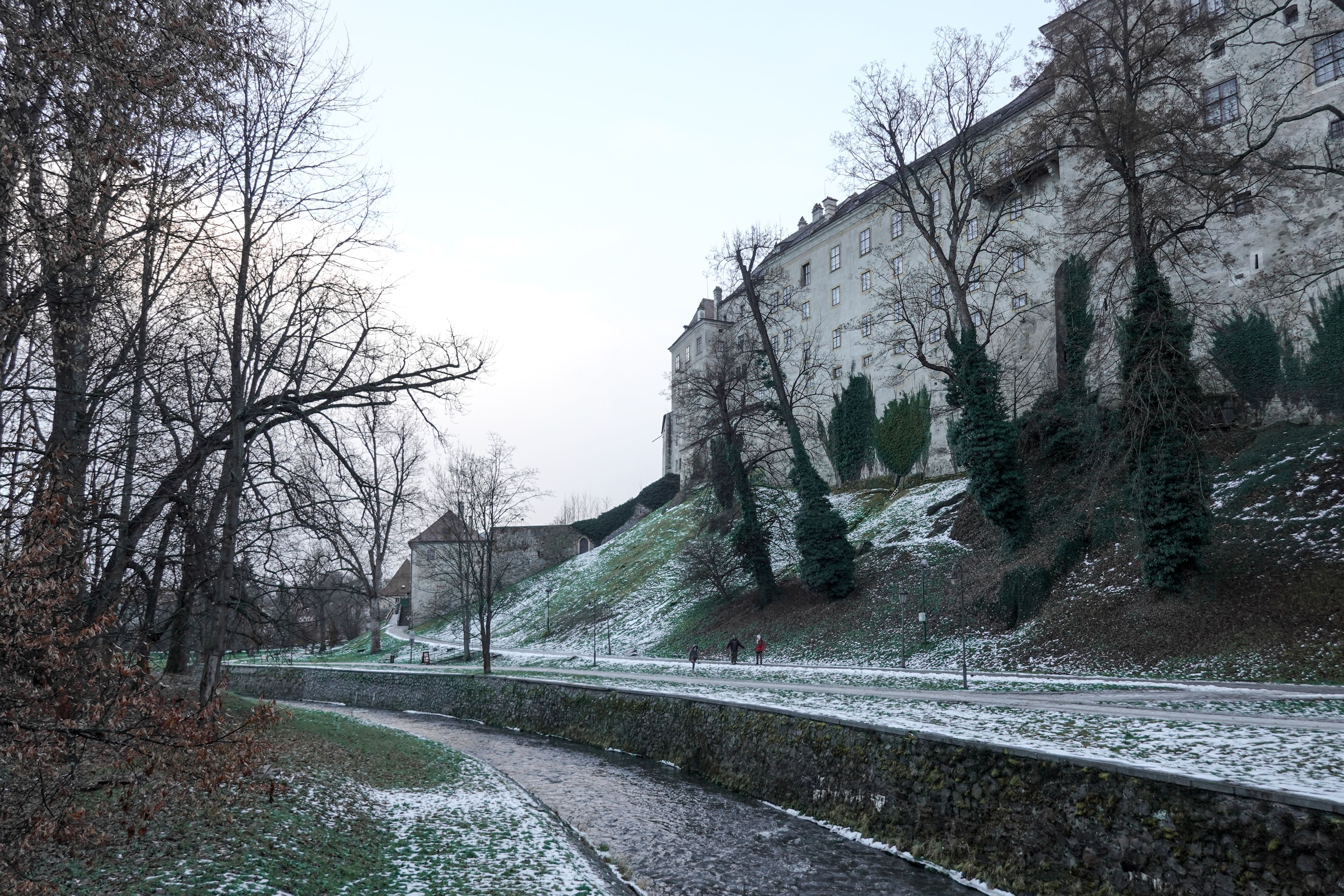 Snow-covered streets and buildings in Ljubljana, Slovenia during winter