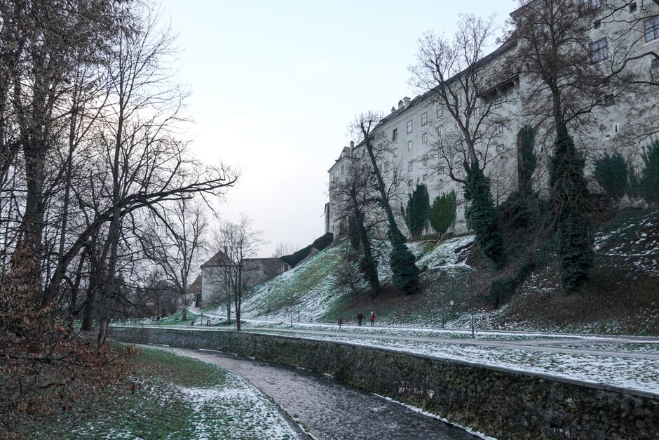Snow-covered streets and buildings in Ljubljana, Slovenia during winter