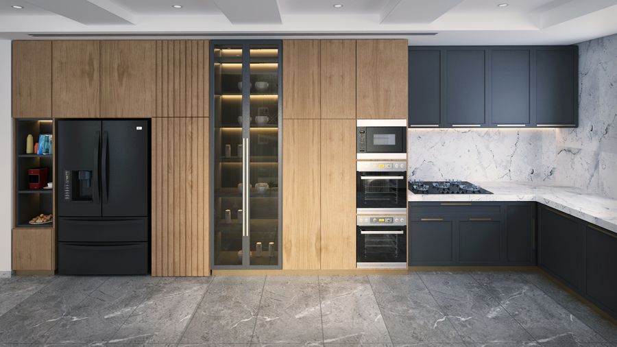 Cozinha contemporânea com madeira e mármore