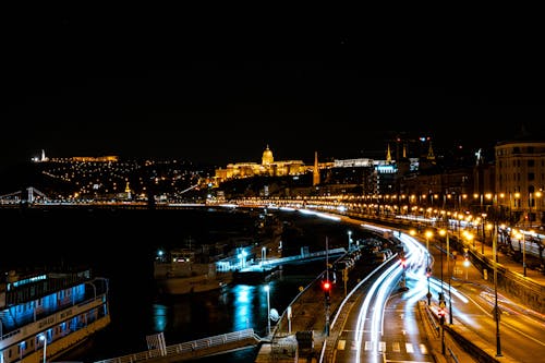 Aerial View of Light Trails on the Road During Night Time