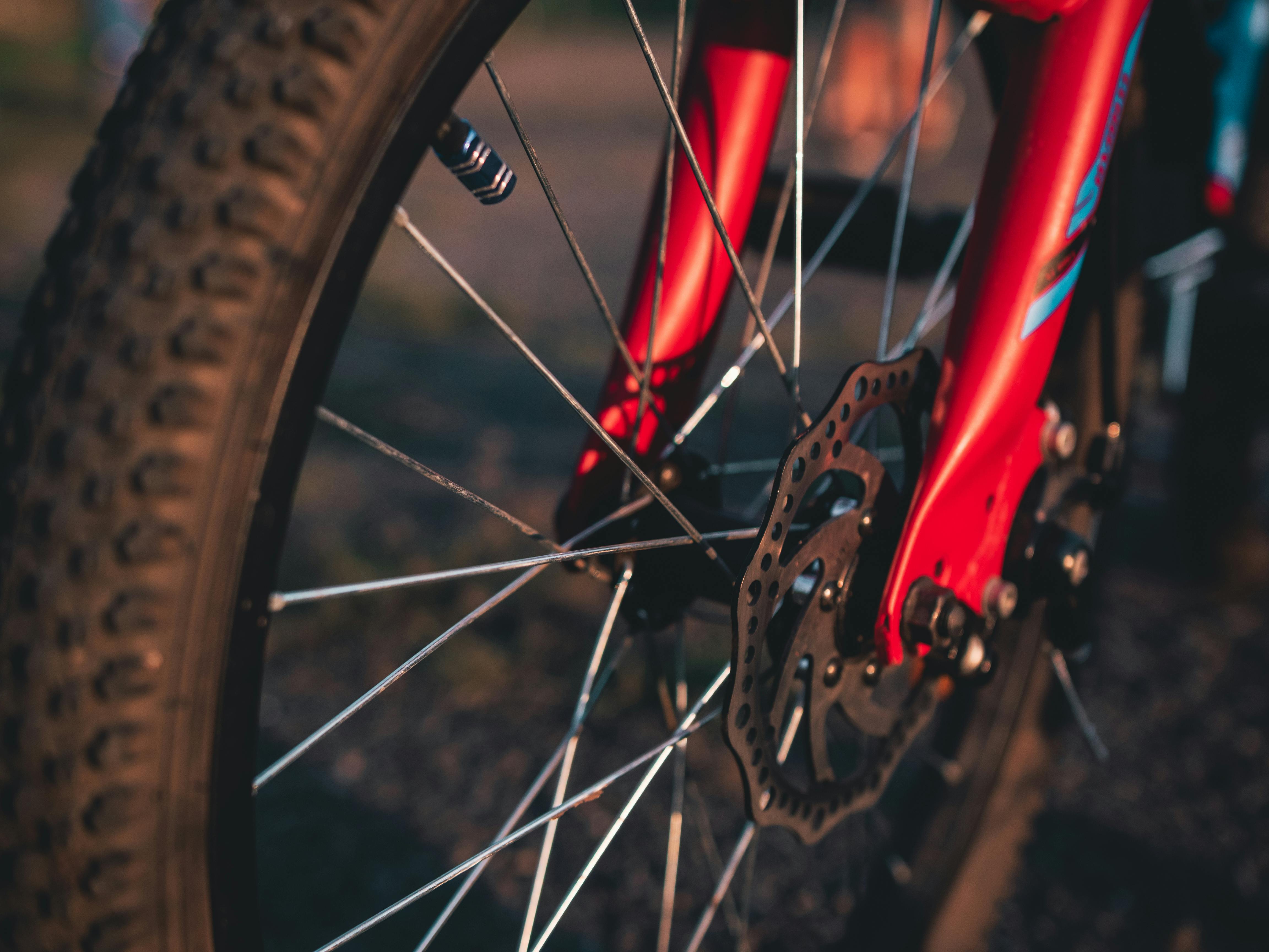 Vivid close-up of a bicycle wheel in warm sunset light highlighting its structure and design.