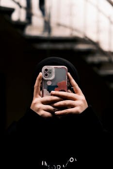A person holding a smartphone takes a selfie outdoors, showcasing the stylish phone case.