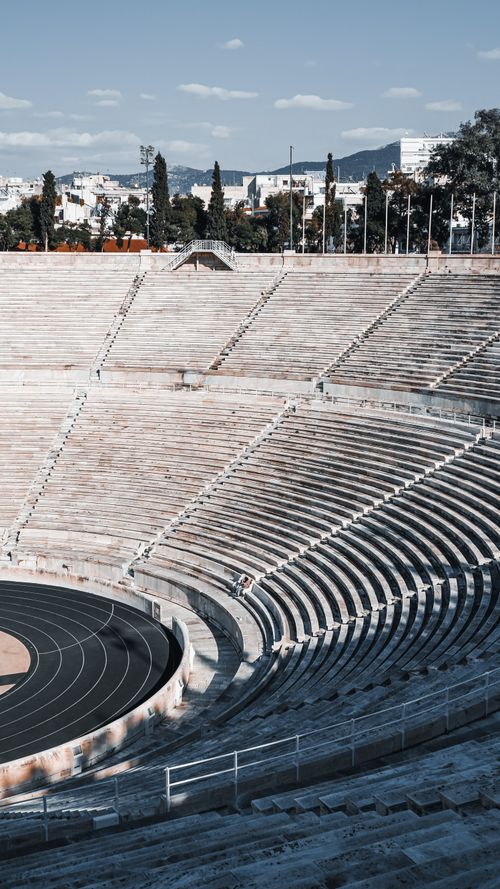 Free Panoramic view of the historic Panathenaic Stadium in Athens, Greece with empty seating. Stock Photo