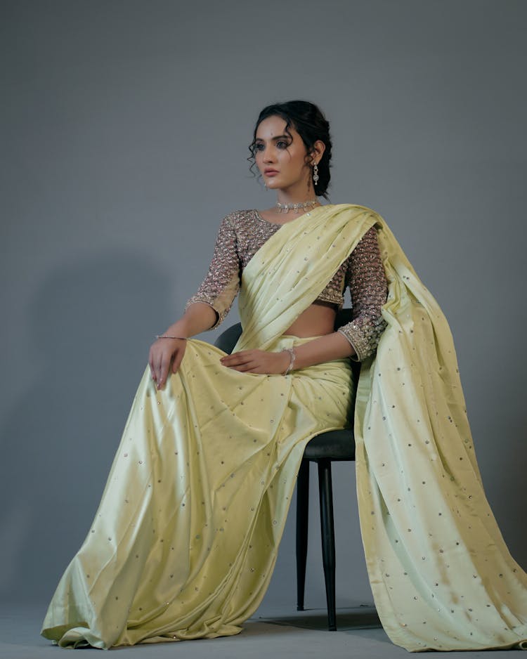 Woman In Yellow And Brown Saree