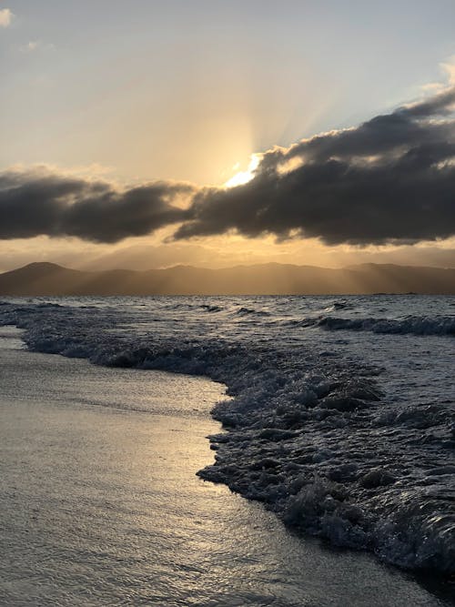 Waves on Sea Shore at Sunset