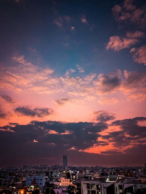 A sunset over a city with clouds in the sky