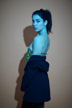 Sophisticated woman standing in side profile with blue lighting