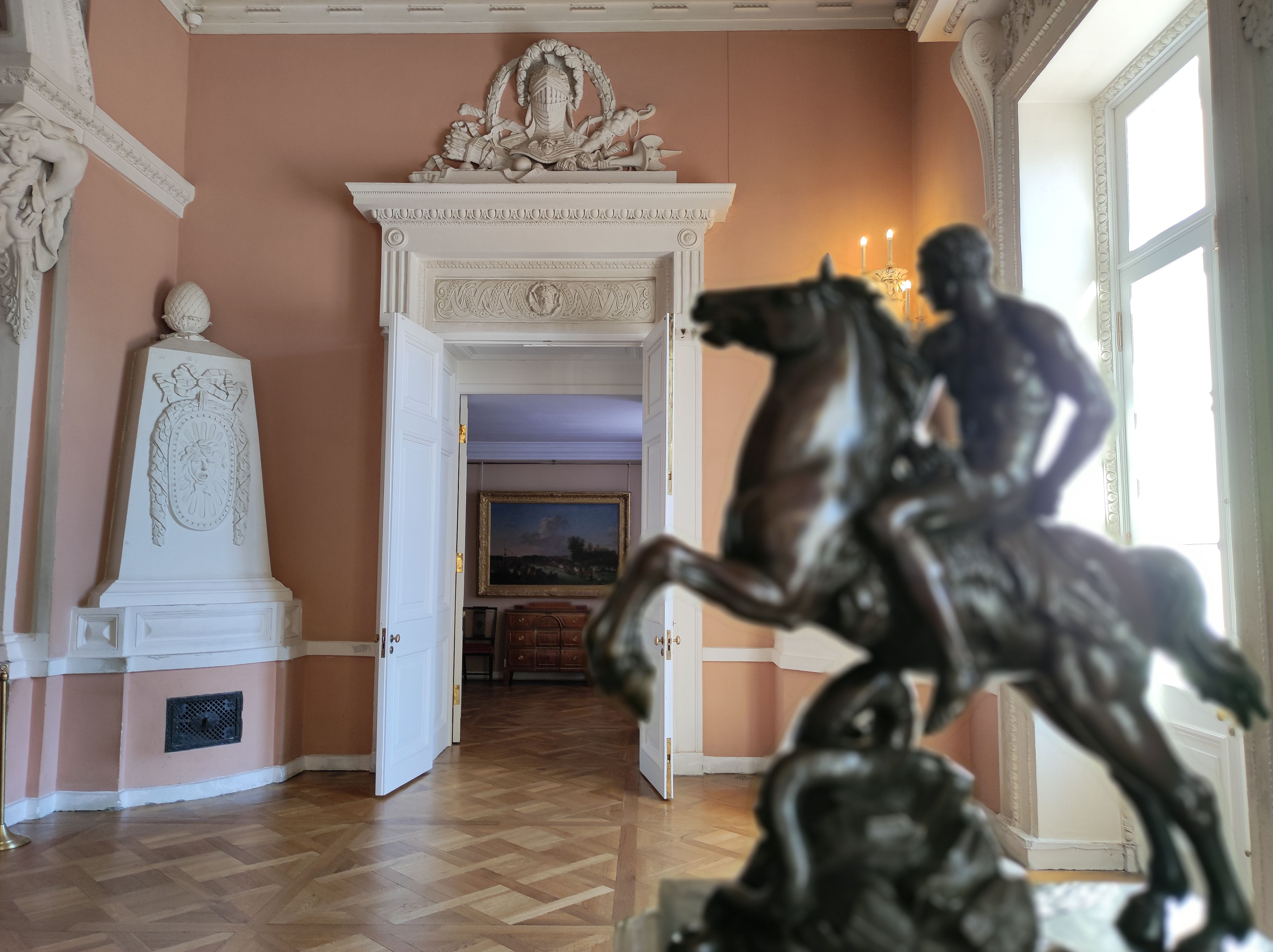 Museum interior with classical architecture and exhibitions