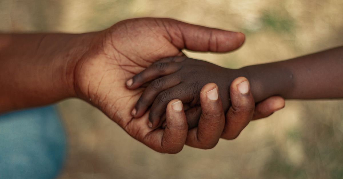 A close-up view of an adult and child hand gently holding, symbolizing love and connection.