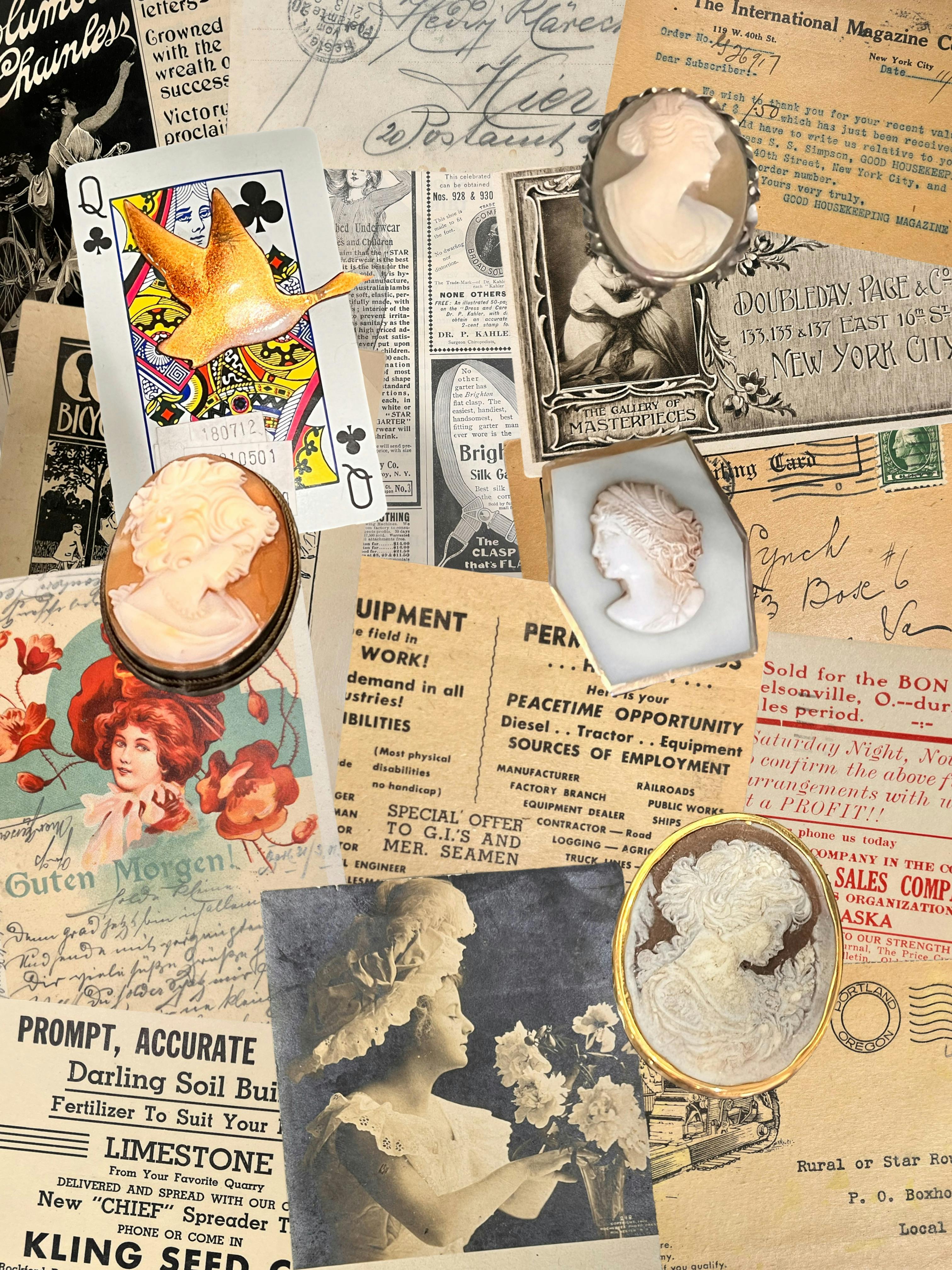 close up of an artistic collage of old letters newspapers and illustrations