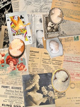 A collage featuring vintage newspaper ads, playing cards, and classic cameos, capturing a retro aesthetic.