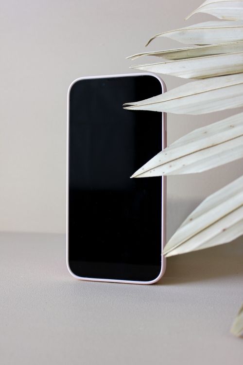 Free A sleek smartphone displayed with a palm leaf in a modern studio setup. Stock Photo