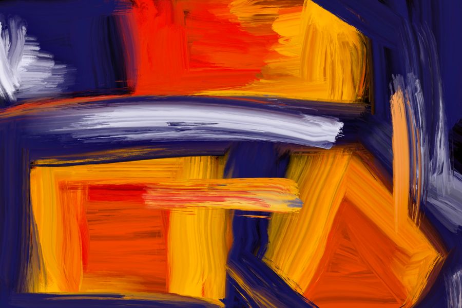 Dynamic artwork with bold, vibrant brushstrokes in red, orange, and blue hues.