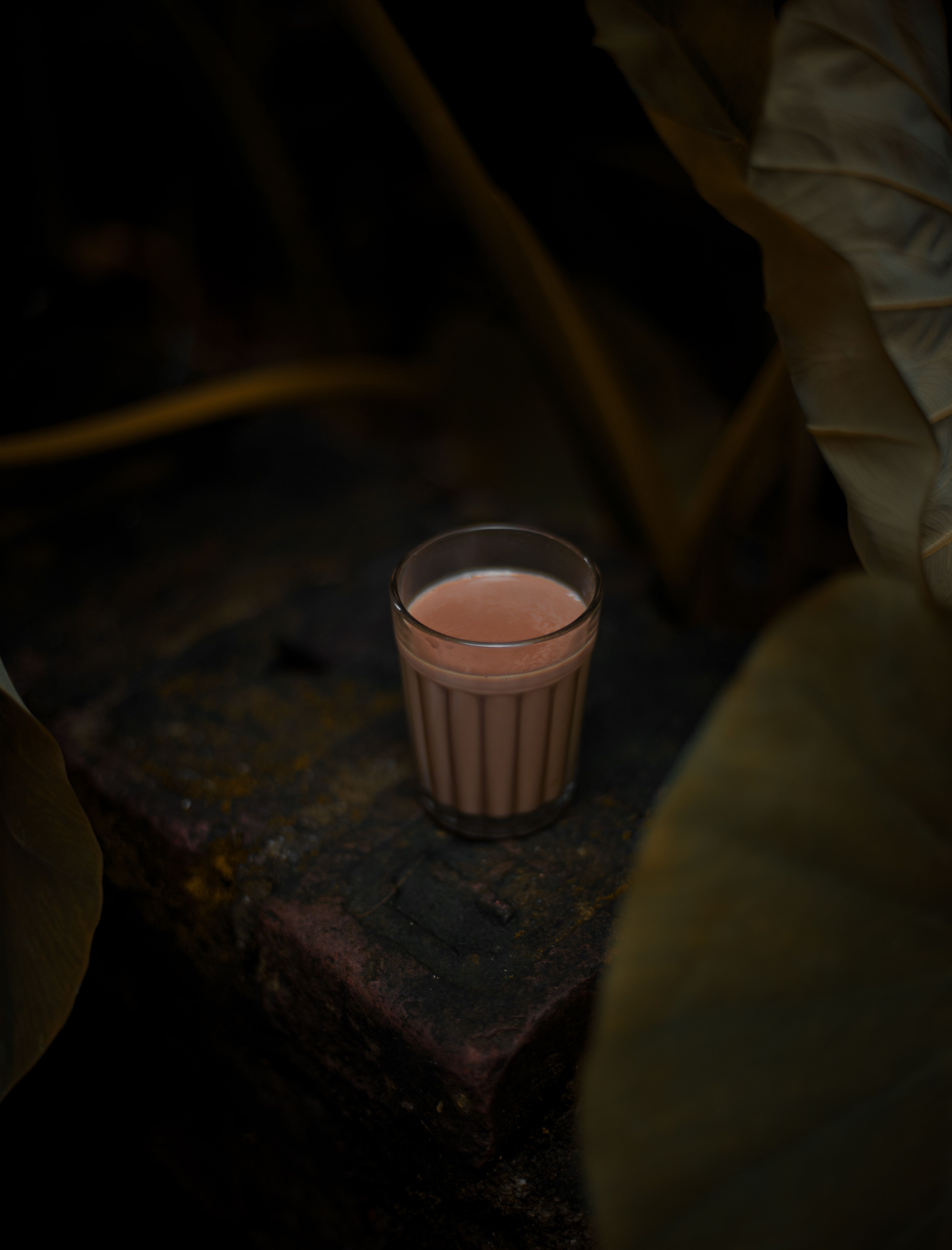 A captivating shot of a glass of Indian chai placed on a rustic surface surrounded by foliage.