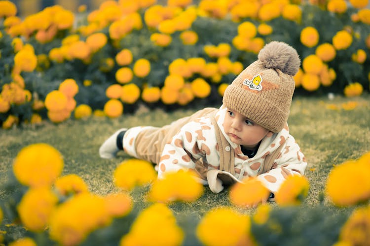 A Baby Crawling On Grass