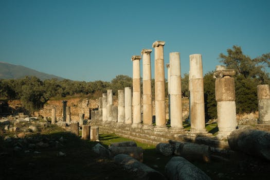 Explore the historic columns of Priene, an ancient city in Turkey's Aydın province.