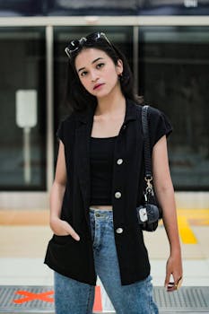 Trendy woman in casual attire standing confidently in Jakarta subway station.