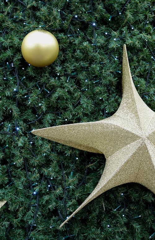 Close-Up Shot of Christmas Ornaments on Green Christmas Tree