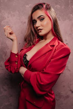 Elegant woman posing in a red blazer, embodying glamour and fashion.