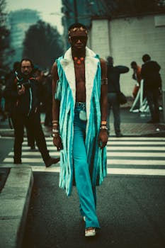 Fashionable man in urban setting with blue zebra print sleeveless jacket walking confidently.