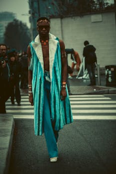 Stylish man wearing a long blue coat crosses a city street.