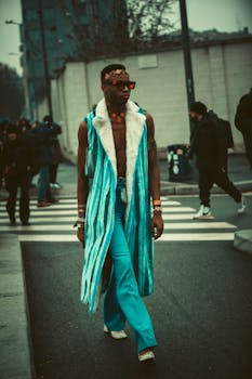 Fashionable man in vibrant blue attire confidently walks across a city crosswalk on a cloudy day.