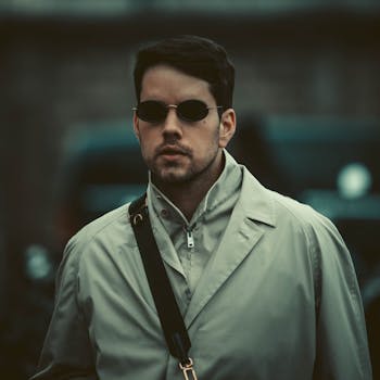 Close-up portrait of a man in a trench coat and sunglasses, exuding modern style.