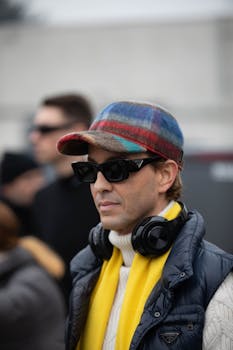 Fashionable man wearing sunglasses and headphones with a stylish outfit in an outdoor setting.
